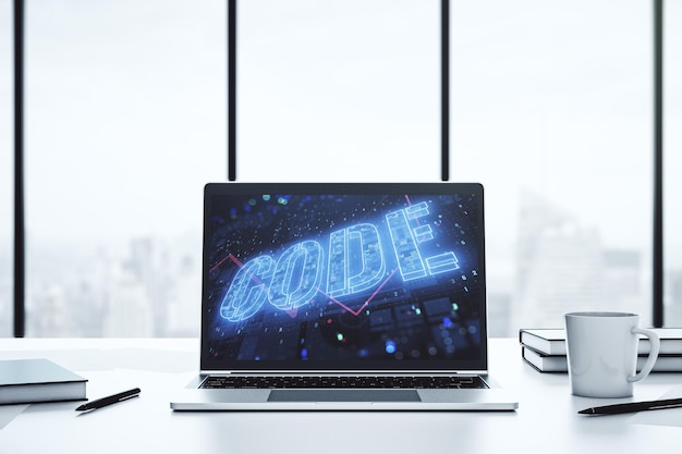 Creative Code word sign on modern computer monitor international software development concept 3D Rendering