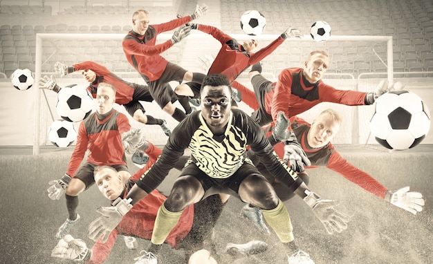 Creative collafe of male football or soccer goalkeepers of\
different ethicities. catching ball while playing soccer.