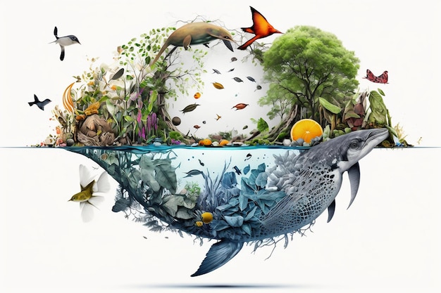 Creative collage of biodiversity in the form of an animal ecosystem and protection