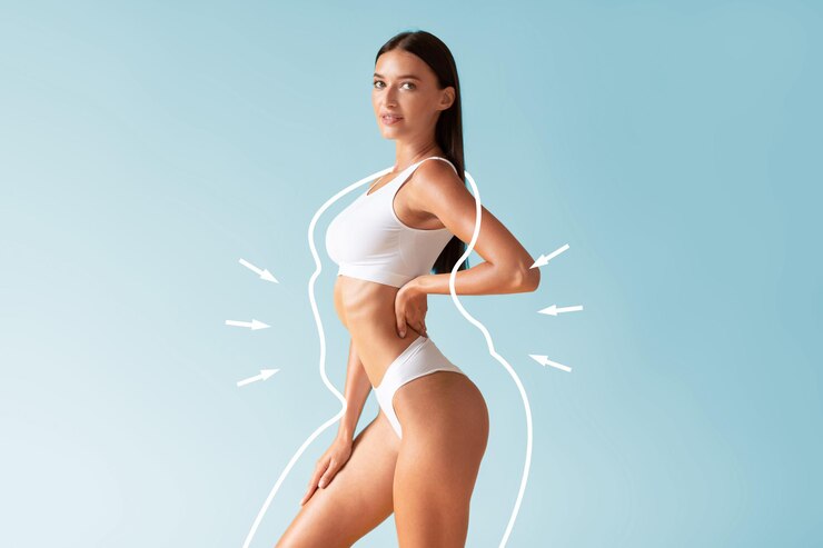 Photo creative collage for body sculpting with young beautiful female in underwear