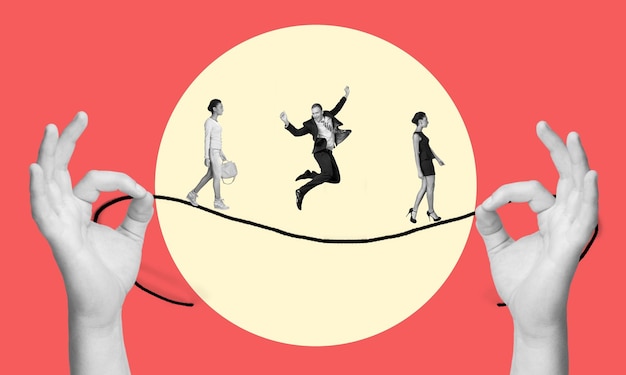 creative collage of cobusiness team walking on rope