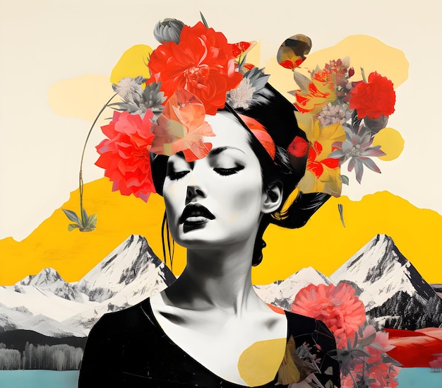 Creative collage design ideas for woman with flowers