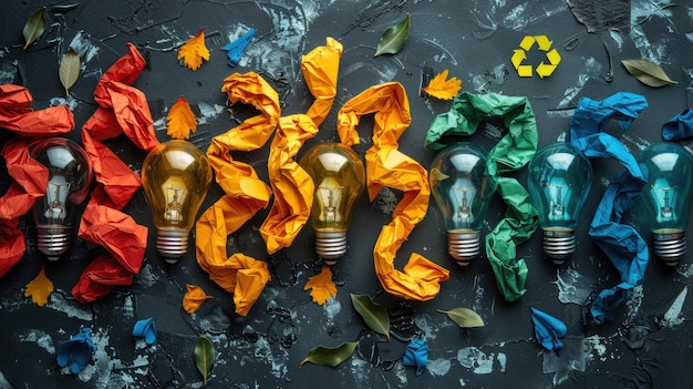 Photo creative collage of ecofriendly practices like recycling and using energyefficient light bulbs colorful and educational