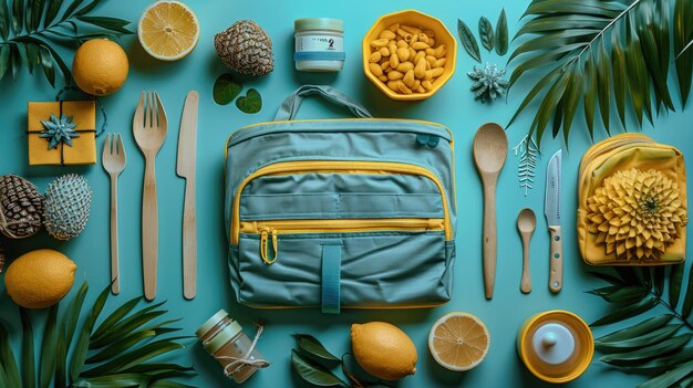 Creative collage of ecofriendly products like reusable bags and bamboo utensils playful composition