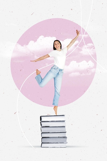 Photo creative collage of a female student standing on a stack of books on a white background