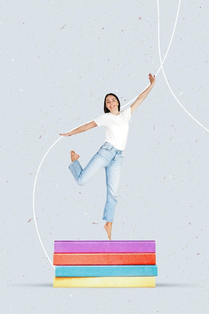 creative collage of a female student standing on a stack of books on a white background