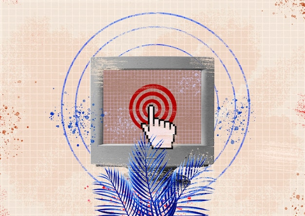 Creative collage finger cursor presses on target
