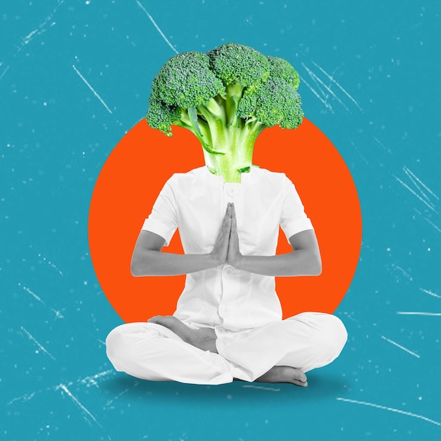 Creative collage image of a man meditating at the head of a broccoli isolated on a blue background