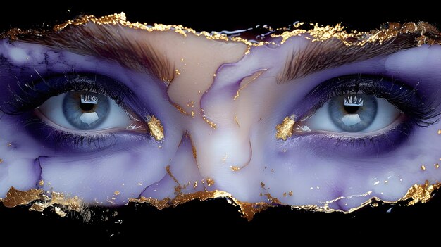 Фото Творческий коллаж с красивыми женскими глазами и фиолетовой краской с золотыми линиями
