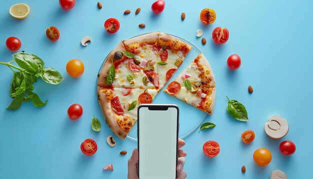 Creative collage with hand taking slice of tasty pizza Margarita and mobile phone on blue background