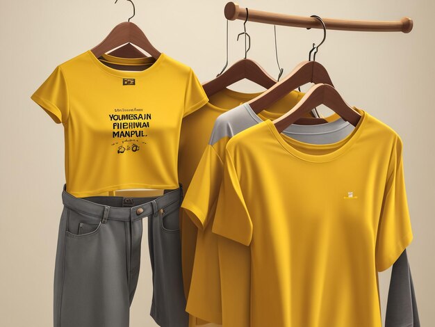 Photo creative color tshirt mockup with hanger on yellow background 3d rendering