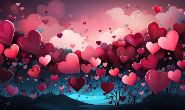 Photo creative colored background with colored flying hearts selective soft focus