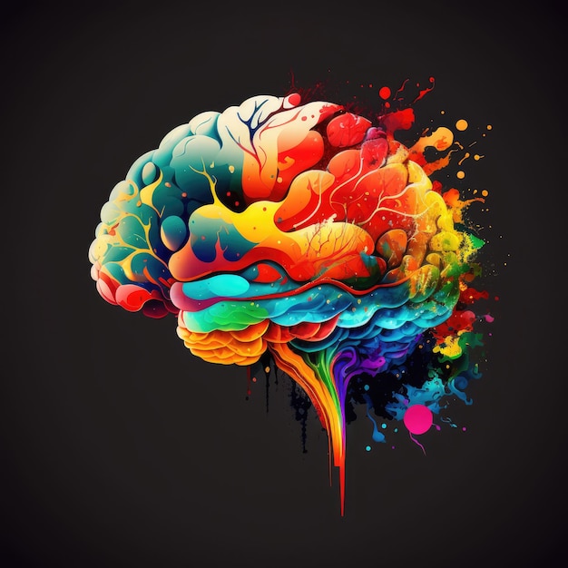 Творческий красочный абстрактный человеческий мозг на темном фоне Концепция знаний Генеративный ИИ