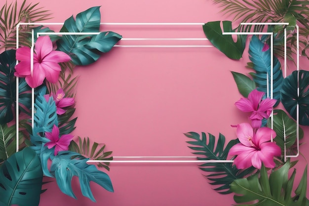 Creative colorful beautiful frame made of tropical leaves and flowers in pinkblue tones