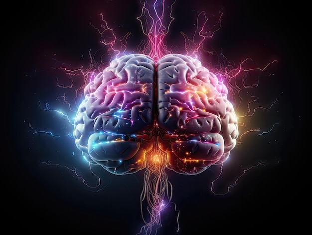 Creative Colorful brain with colorful lightning at the center in dark background