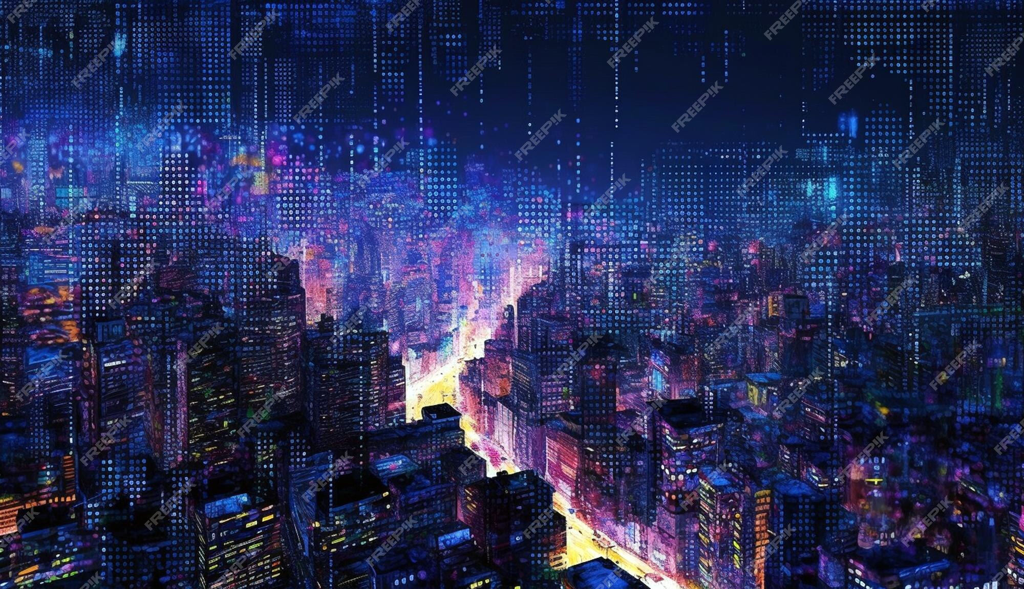 Beautiful Cyberpunk Cityscape, Glitchy Animation style, Cyberpunk Wallpaper/Background, Stock Illustration