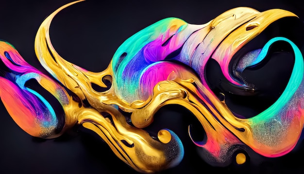 Creative colorful neon gold abstract dynamic twisted fluid liquid shape background 3D illustration