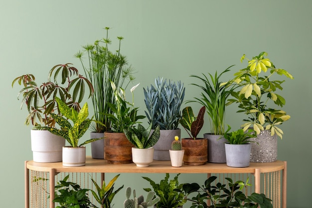 Creative composition of botanic home interior design with lots of plants in classic designed pots