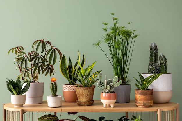 Creative composition of botanic home interior design with lots\
of plants in classic designed pots