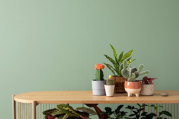 Creative composition of botanic home interior design with lots of plants in classic designed pots