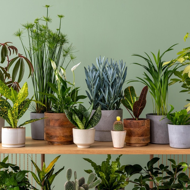 Creative composition of botanic home interior design with lots of plants in classic designed pots