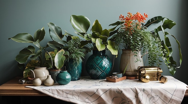 Creative composition of botanic home interior design with lots of plants in classic designed pots