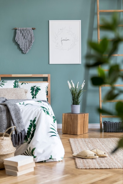 Creative composition of cozy and stylish bedroom with  frame bed 
carpet wooden cube as coffee table and boho accessories Eucalyptus wall and parquet floor