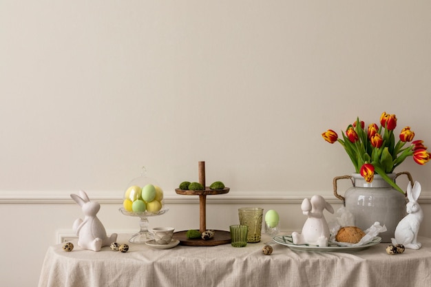 Креативная композиция пасхального интерьера гостиной с копией пространства, ваза с весенними тюльпанами, скульптура пасхального кролика, элегантная чашка, красочные пасхальные яйца и личные аксессуары, шаблон домашнего декора