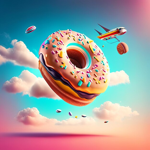 Creative composition of flying donuts with cream splashes