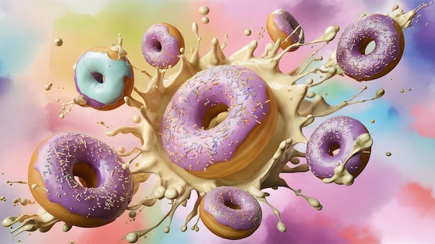 Creative composition of flying donuts with cream splashes