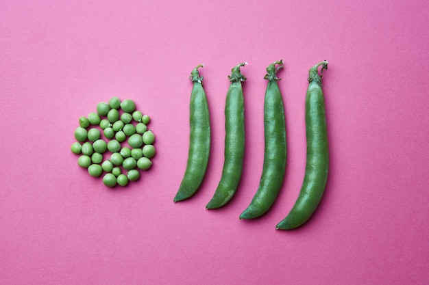 Creative composition from grains of green peas in the form of a
circle and full of closed pods on a pink background. flat lay. food
concept.