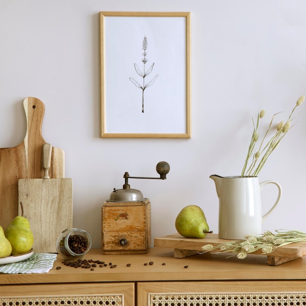 モックアップ ポスター フレーム籐便器ナシミル食品自由奔放に生きるバスケットとキッチン アクセサリー家の装飾テンプレートとキッチン スペースの創造的な構成