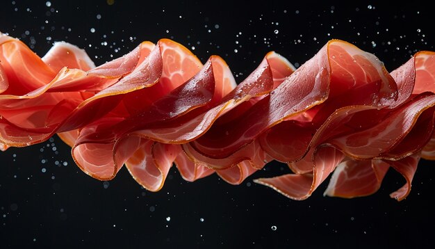 Foto composizione creativa di fette di prosciutto levitate su uno sfondo nero