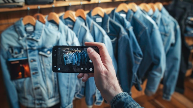 Foto composizione creativa persona che cattura giacca denim e scarpe da ginnastica con lo smartphone