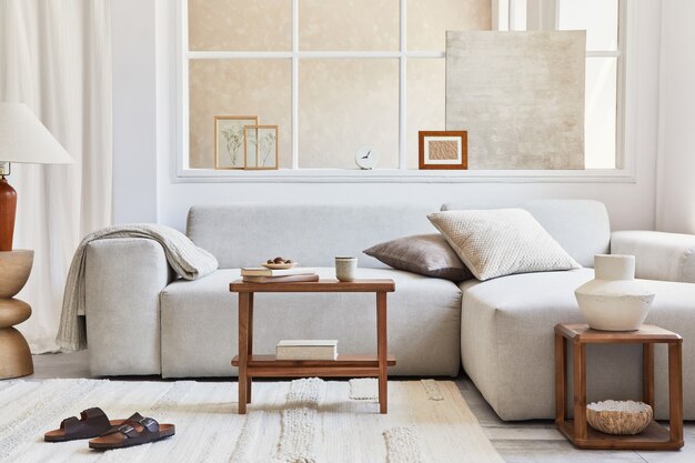 Creative composition of stylish and cozy living room interior with mock up frame, grey corner sofa, window, coffee tabels and personal accessories. Beige neutral colors. Template.