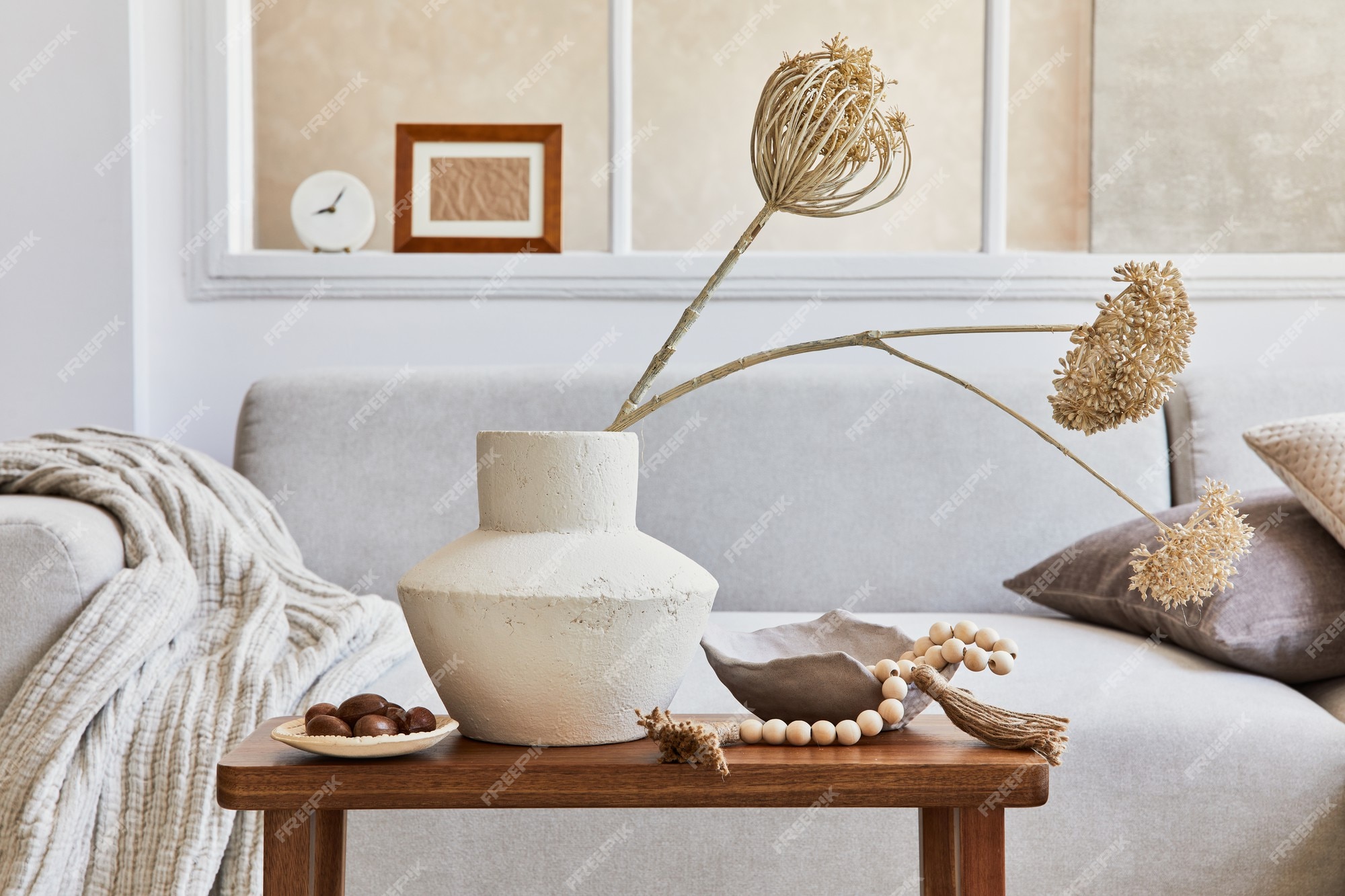 Premium Photo | Creative Composition Of Stylish And Cozy Living Room  Interior With Mock Up Frame, Grey Sofa, Window, Dried Flowers In Vase And  Personal Accessories. Beige Neutral Colors. Details. Template.