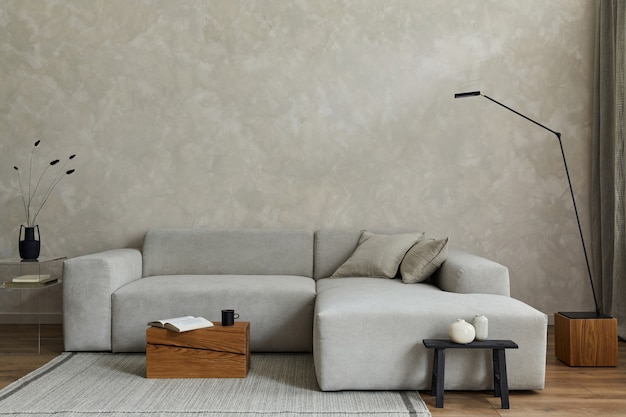 Creative composition of stylish japandi living room with grey sofa and small accessories Template
