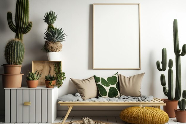 Creative composition of stylish living room interior with mock up poster frame wooden bench cacti and personal accessories Plant love and nature concept Template