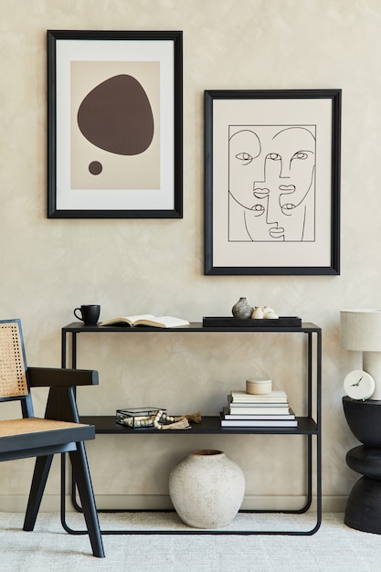 Creative composition of stylish modern living room interior with two mock up poster frames, black geometric commode, armchair, cofee table, lamp and personal accessories. Neutral corols. Template.