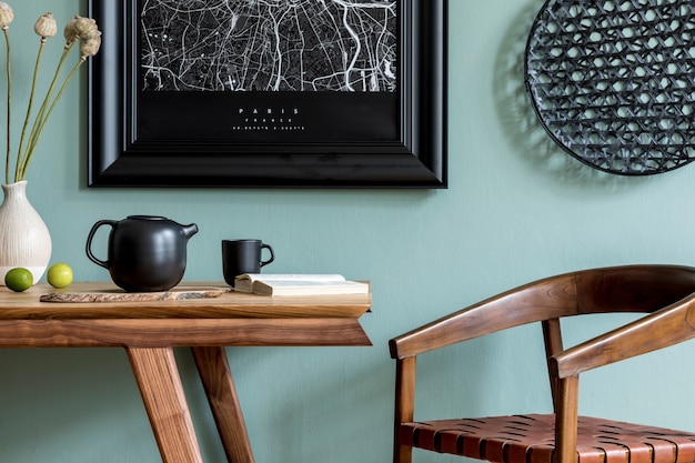 Creative composition of stylish scandinavian interior with map frame, wooden consola, plants in design pots and accessories. Eucalyptus walls. Autumn vibes.