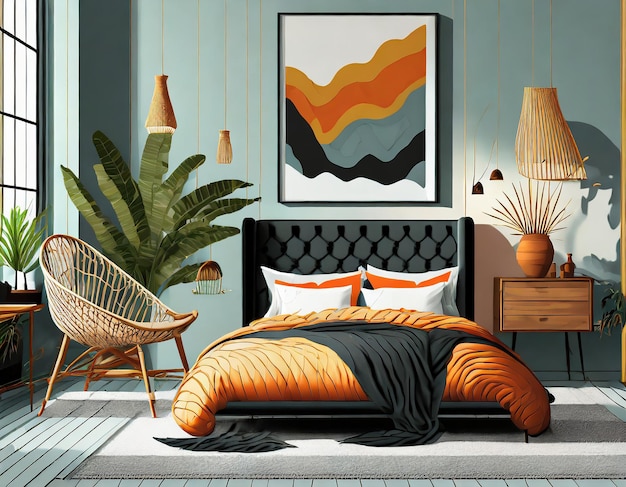 Creative composition of warm bedroom interior with cozy bed bedding black sideboard rattan armchair