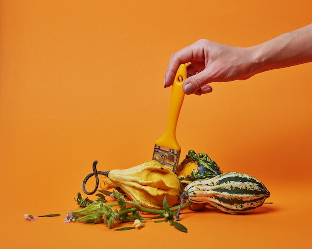 Creative composition with pumpkins and a female hand holding a brush