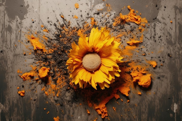 Creative concept of autumn Yellow flower with splattered colors Generated by AI