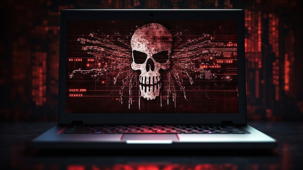 Foto concetto creativo di illustrazione del cranio di codice sullo sfondo di un computer portatile moderno concetto di hacking e phishing