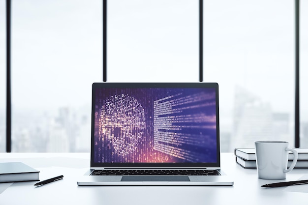 Creative concept of code skull illustration on modern laptop screen Hacking and phishing concept 3D Rendering