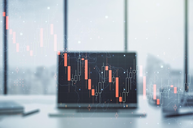 Creative concept of crisis chart illustration on modern laptop background Global crisis and bankruptcy concept Multiexposure