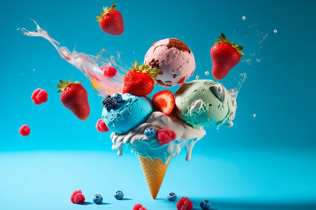 Creative concept of flying ice cream ice cream in the air with\
flying strawberries raspberries blueberries kiwi