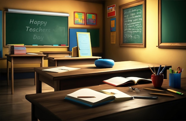 Creative concept of Happy Teachers Day illustration Back to school Books stationery on wooden table with empty classroom school black board background Class Room Generative Ai