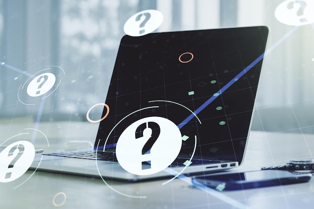 Photo creative concept of question mark illustration on modern laptop background faq and search concept mu