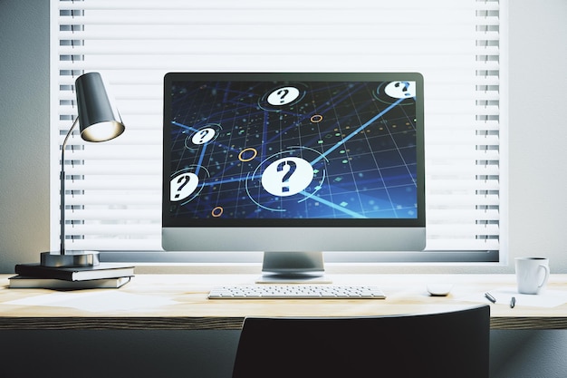 Creative concept of question mark illustration on modern laptop screen FAQ and search concept 3D Rendering